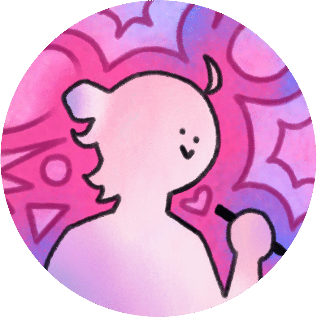 A drawing of a simple figure from the chest up, hair up in a bun and holding a pen in hand.