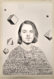 unfinished version of the piece, showing the figure in the middle, mostly finished, and the background blank with a few platonic solids floating in the background