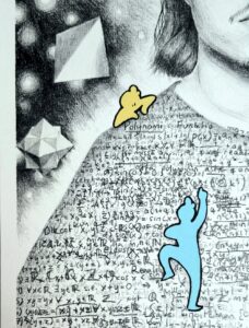 close up of the other two figures, one climbing up and another looking down at the other from the big person's shoulder. the mathematics on the shirt are now more visible. behind the big person there are two cubes intersecting and a triangle based pyramid floating above it.